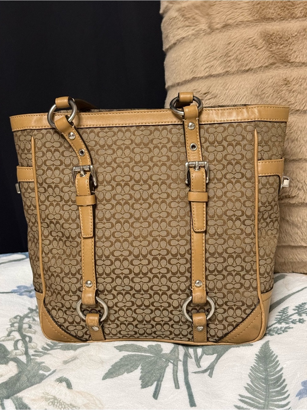 🔥COACH Vintage Signature Canvas Gallery Tote Bag Khaki Brown Leather F11526
